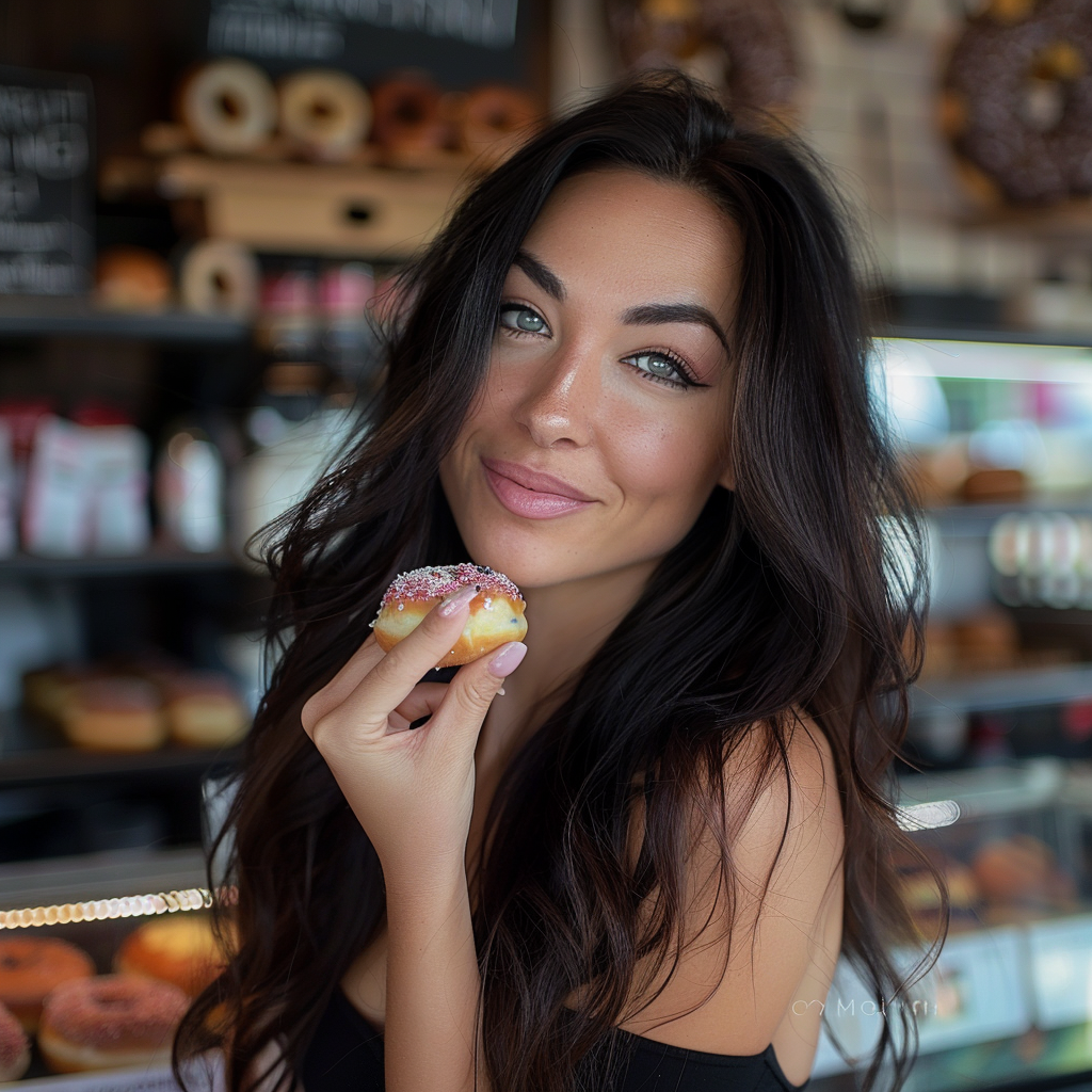 Brunette woman smiling at donut shop