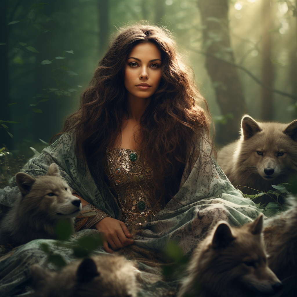 Long-haired brunette woman surrounded by forest animals