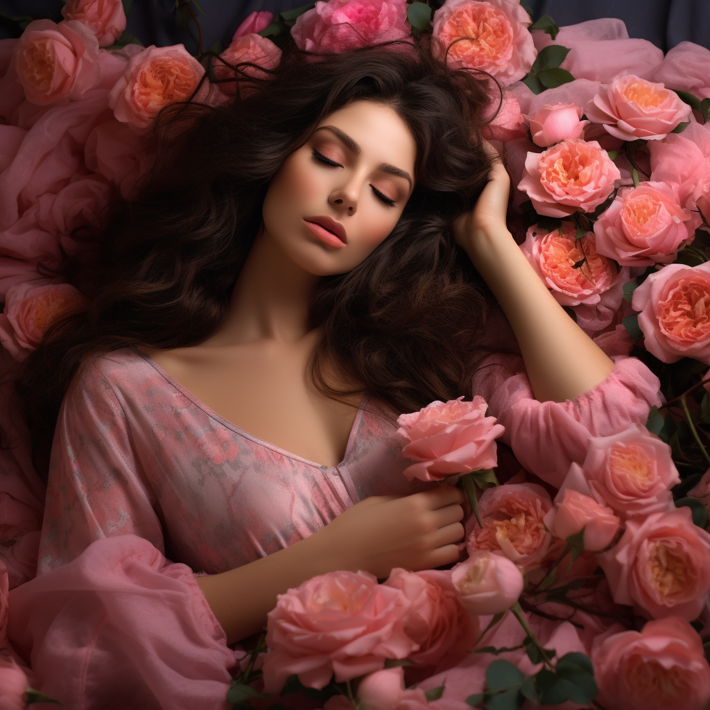 Sleeping brunette woman in pink pajamas surrounded by pink roses