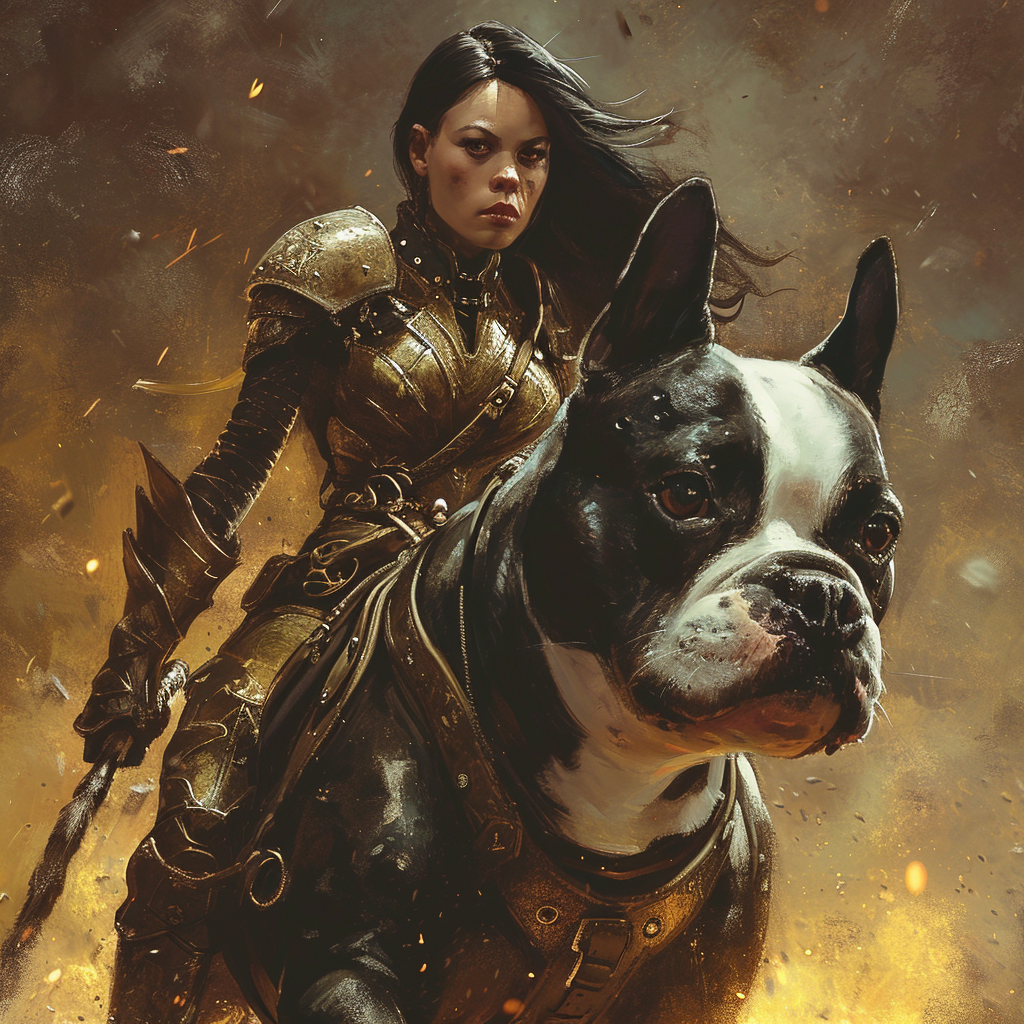 Brunette woman riding giant warrior terrier