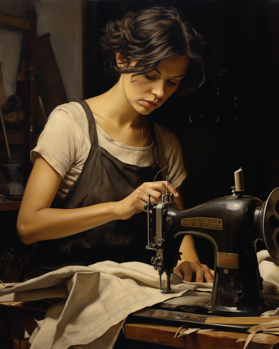 Painting of brunette woman inventing sewing machine