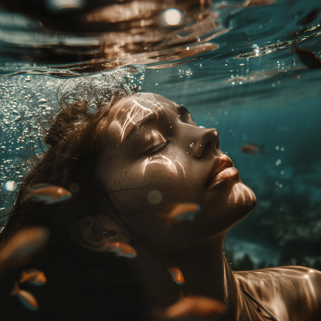 brunette woman underwater breathing gills