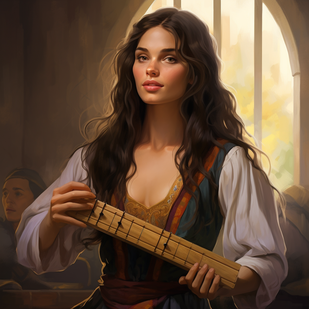 Talented brunette bard playing panflute