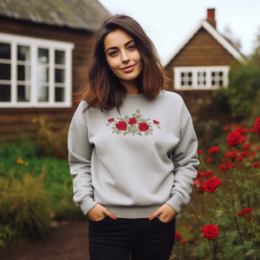 Brunette in Grey Sweatshirt and Red Roses