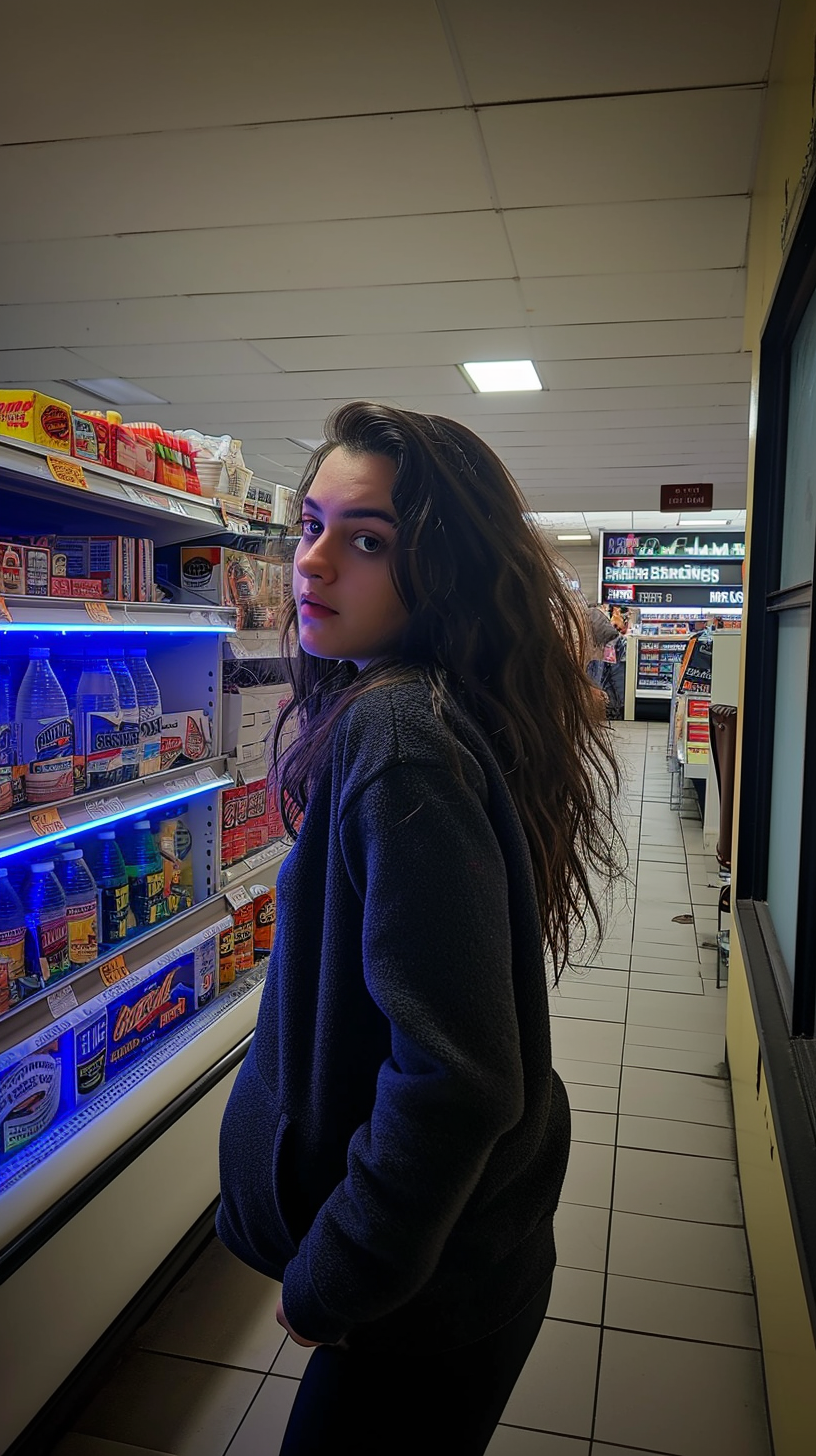 Candid photo of pretty brunette girl in convenience store