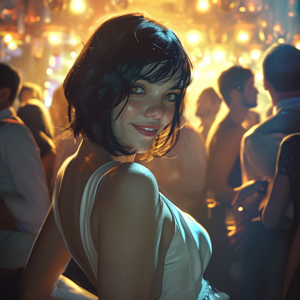 Smiling brunette in party dress surrounded by people at a crowded club