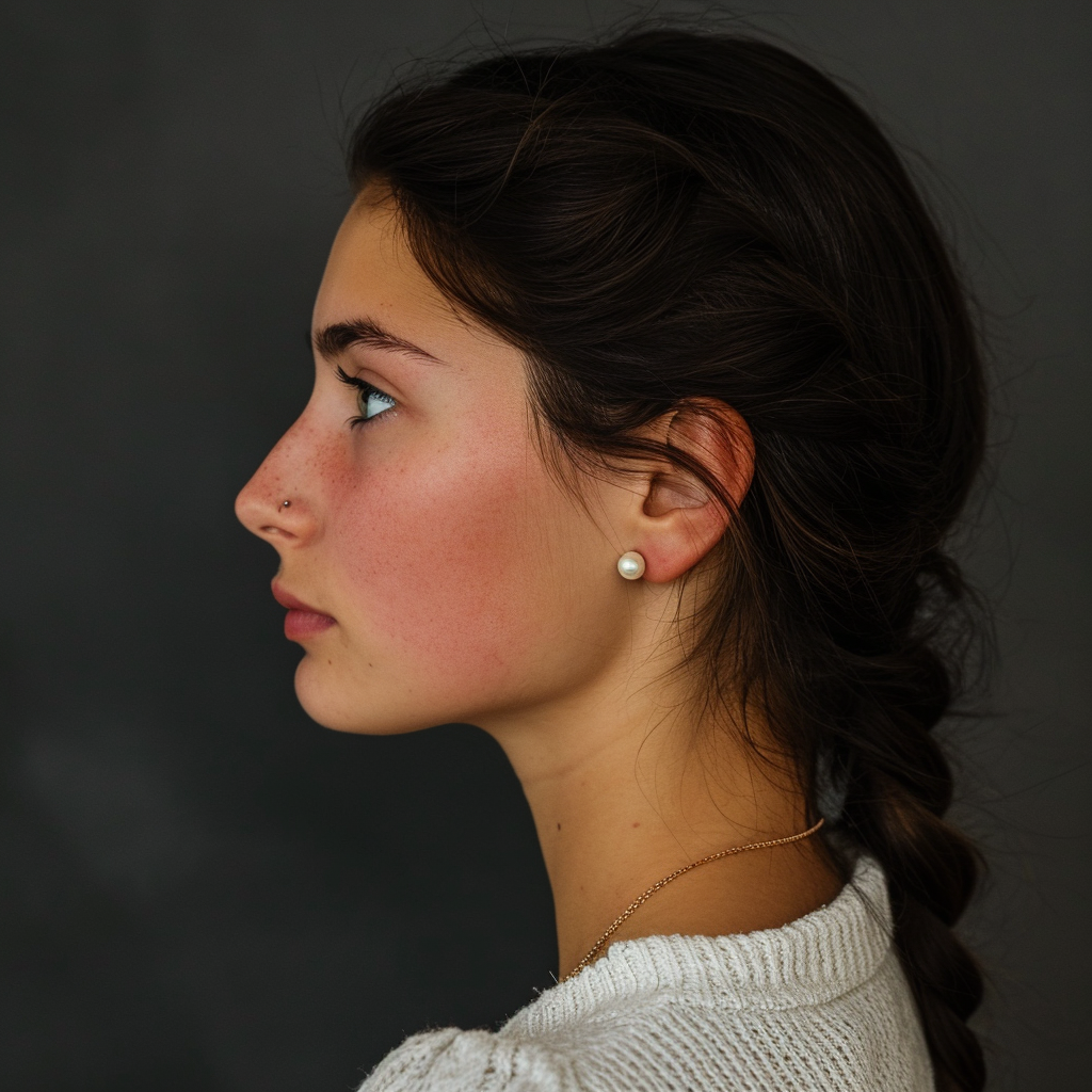 brunette woman with pearl stud and braid