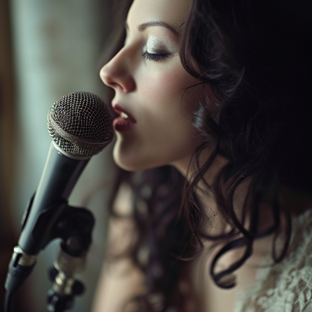 Beautiful brunette woman singing solo