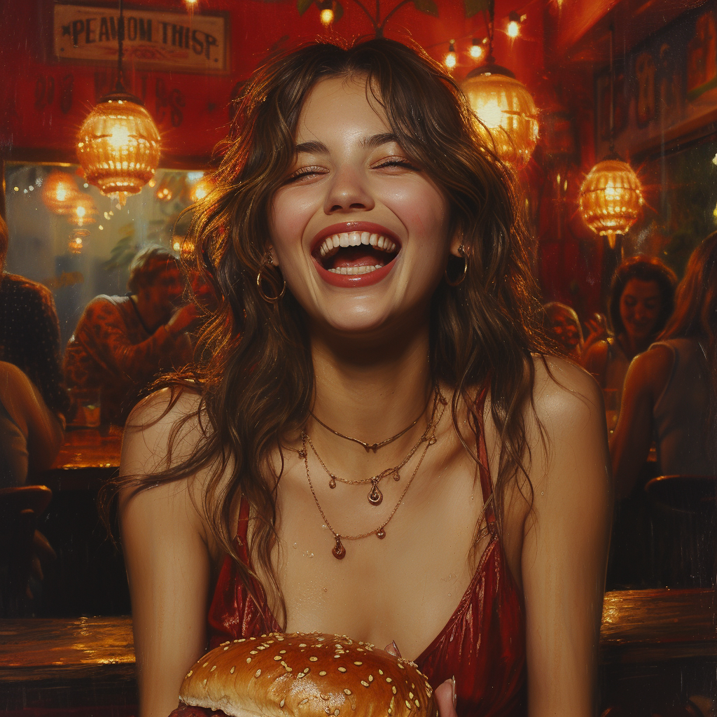 Brunette women with large burger laughing in restaurant