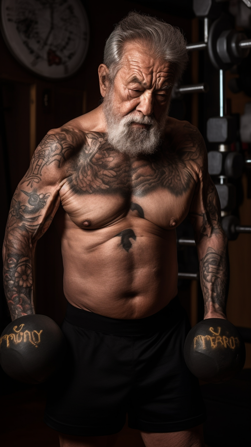 Muscular old man lifting dumbbells