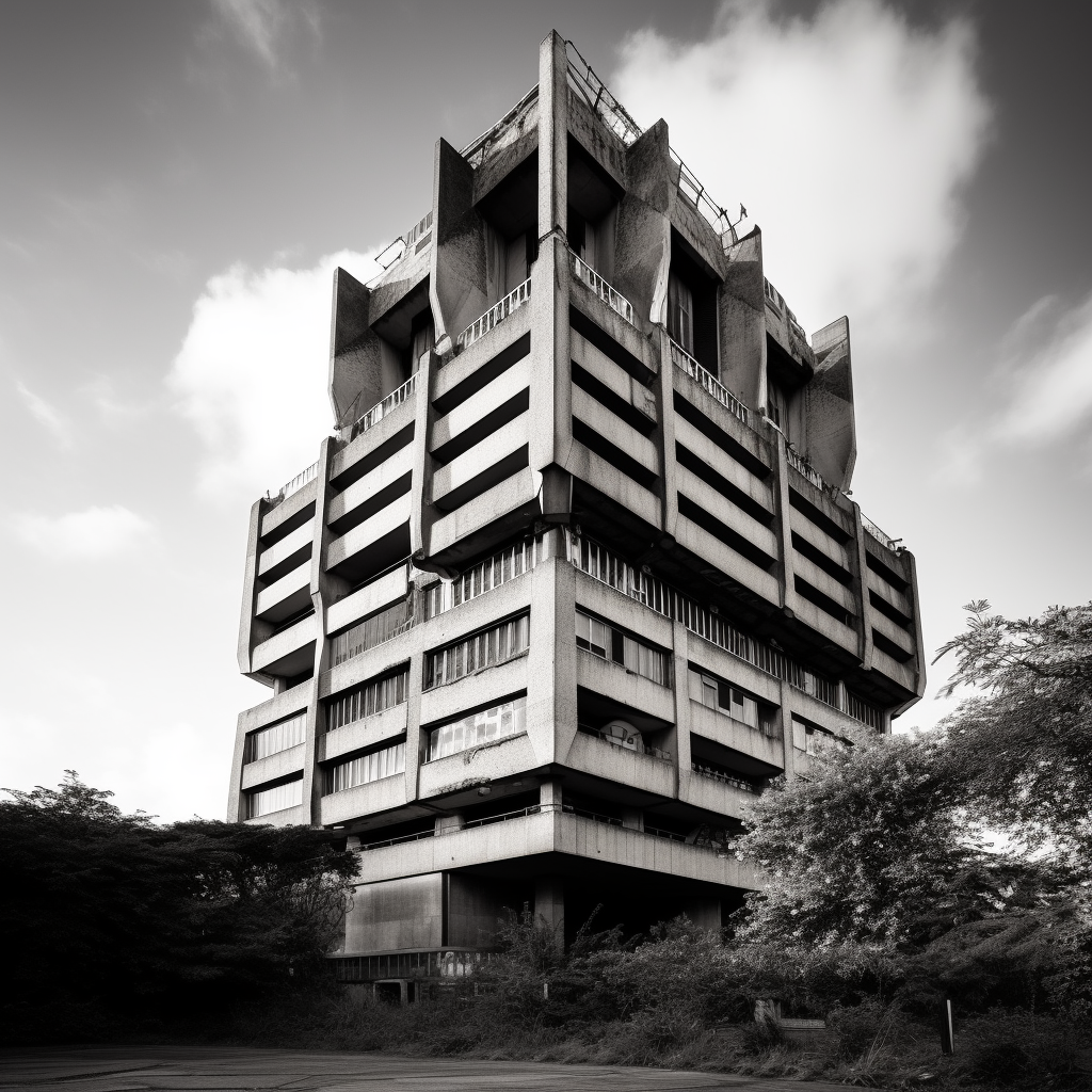 Analog black and white photo of a carrot-inspired brutalist building