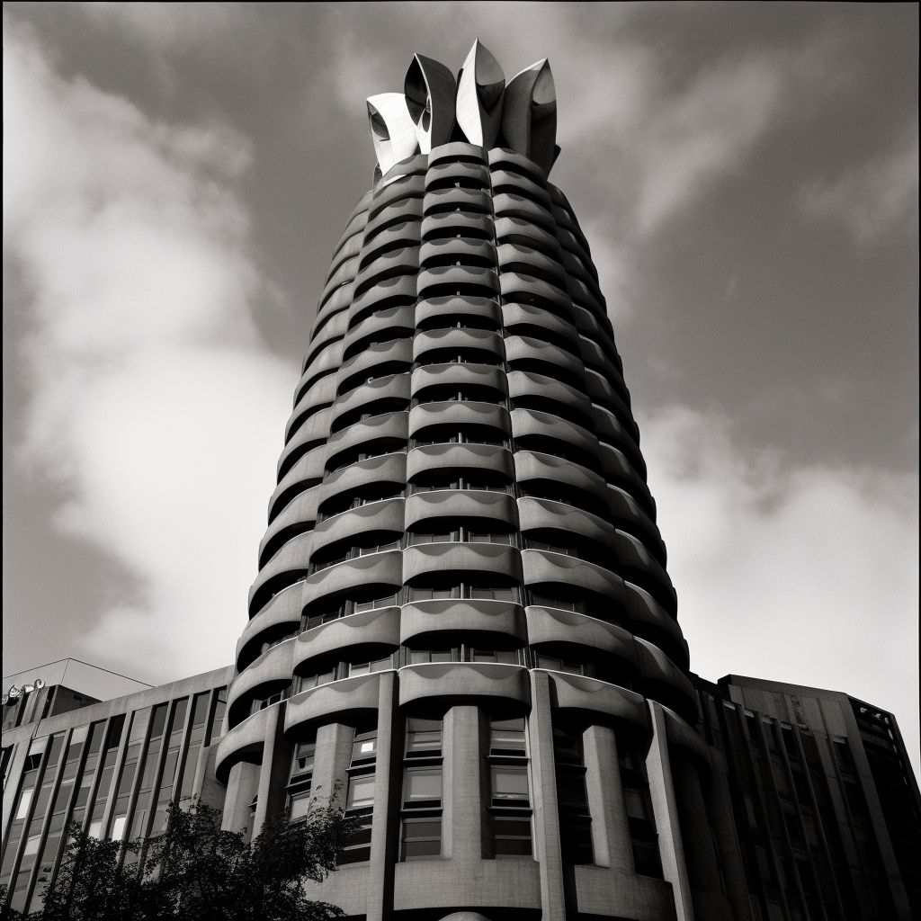 Carrot-inspired Brutalist Tower in Black and White