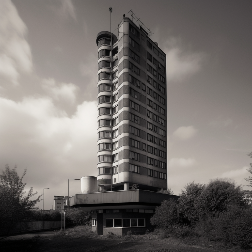 Analogue black and white brutalist tower carrot