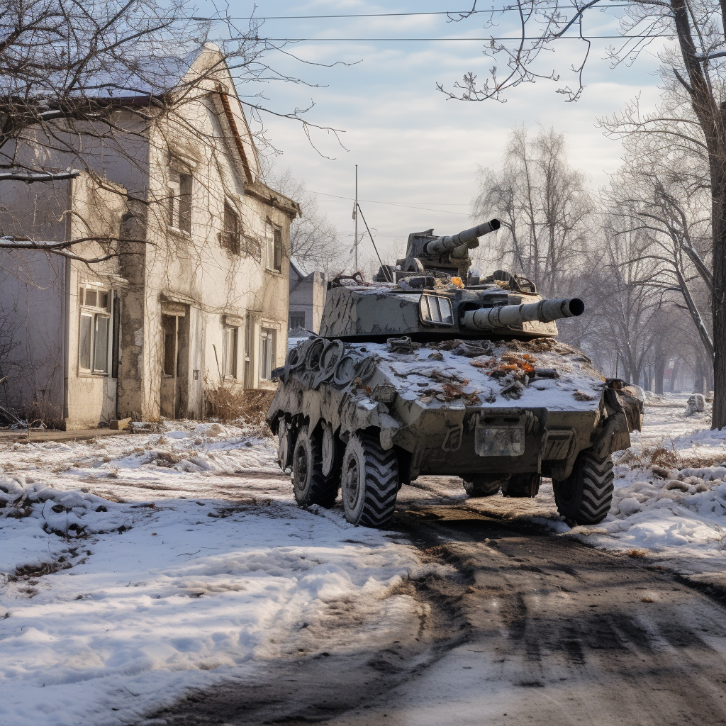 BTR-80 armored vehicle on war-torn Ukraine street