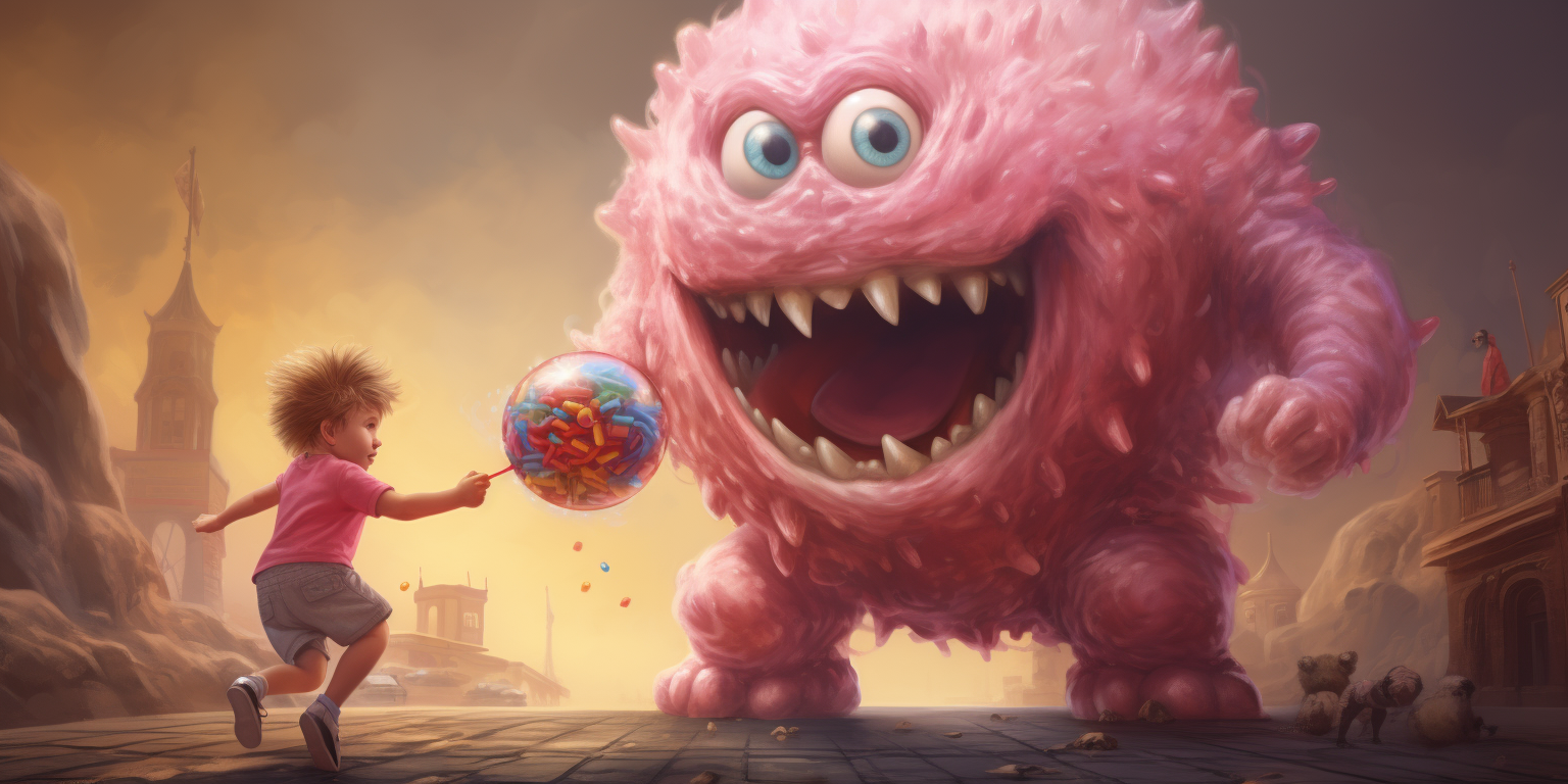 Child being chased by bubblegum wad monster