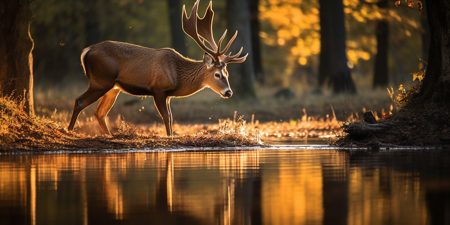 Majestic buck drinking from water