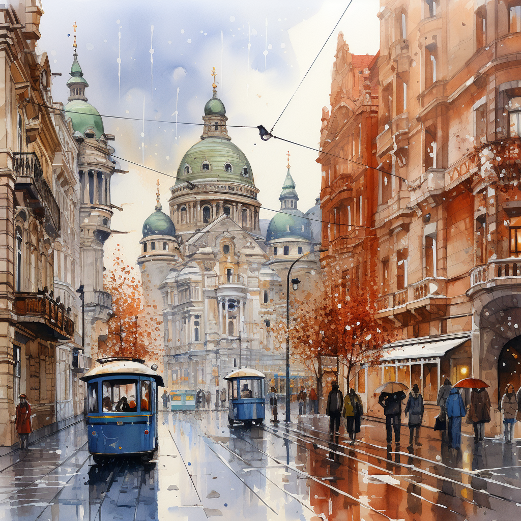 Budapest downtown watercolor painting