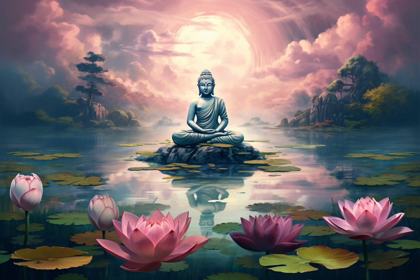 Buddha Statue with Water Lilies