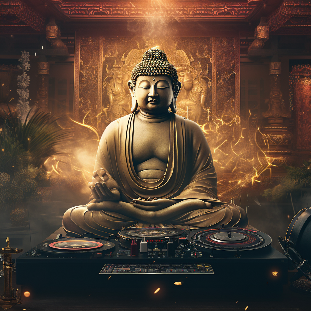 Buddha DJ spinning records on stage