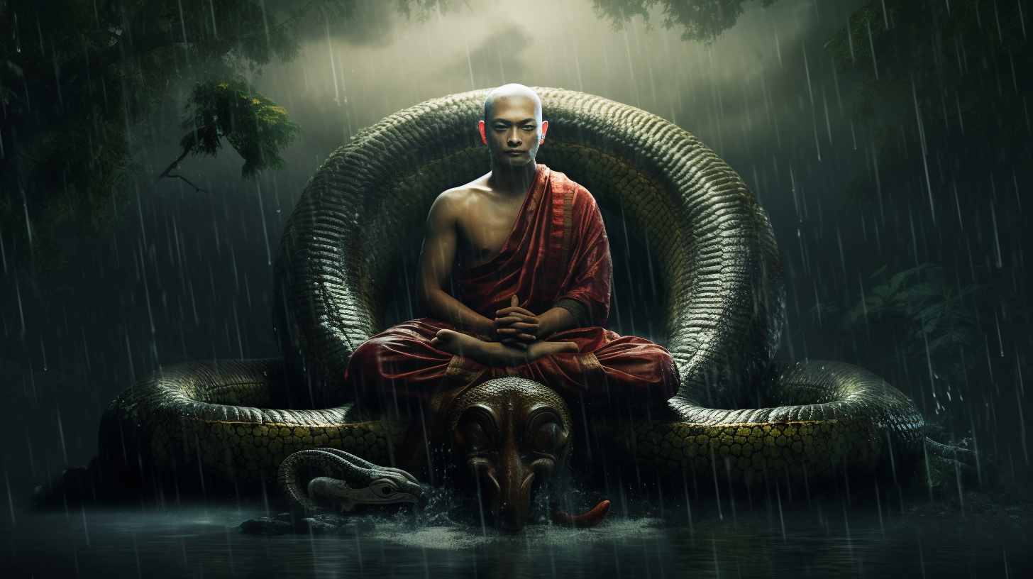 Buddha protected by cobra in rain