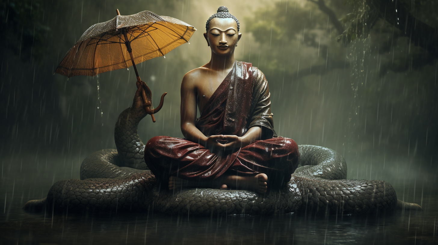 Buddha sitting under cobra in rain