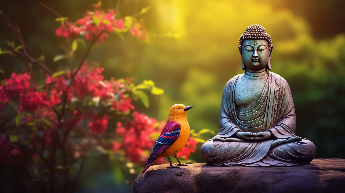 Vibrant Buddha Statue Surrounded by Birds in Zen Landscape