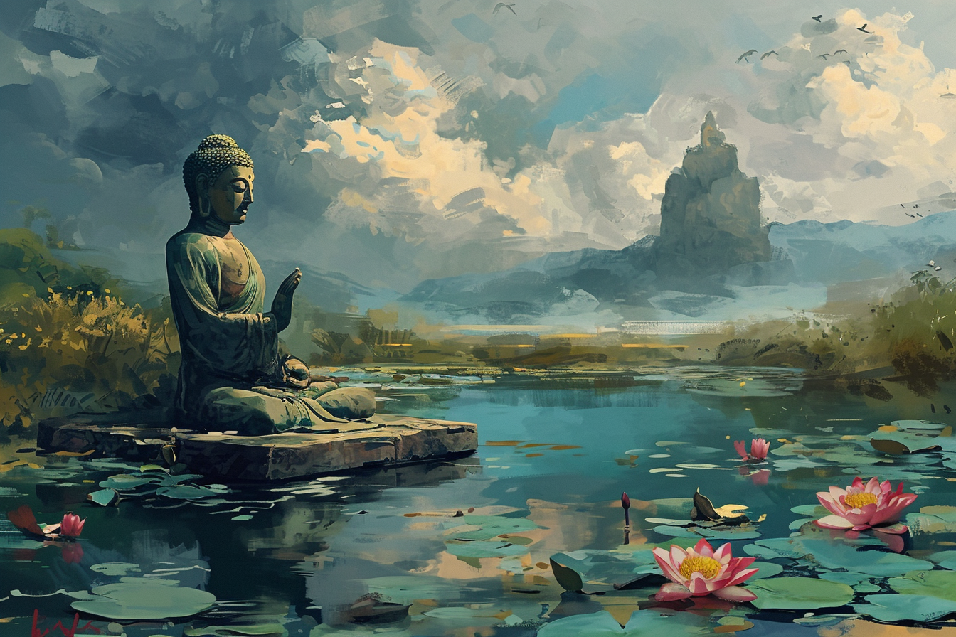 Buddha Statue with Water Lilies and Dramatic Clouds