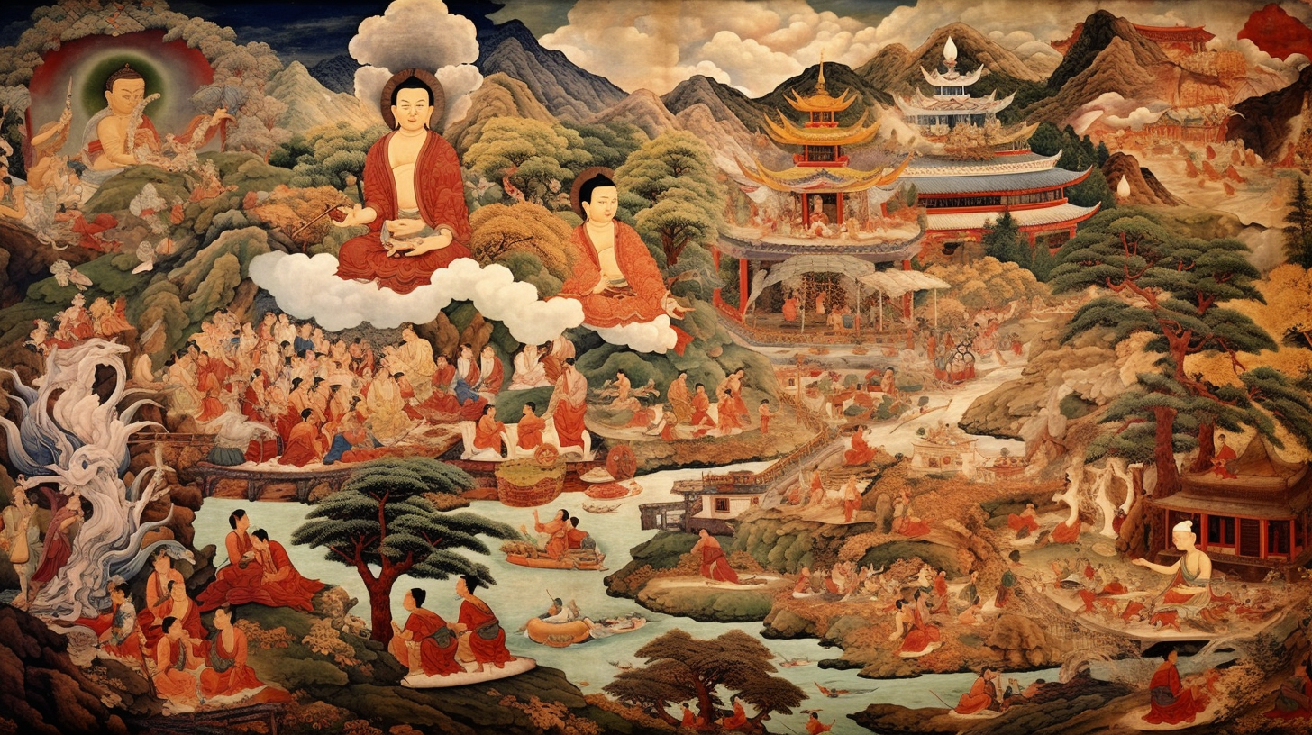 Intricate Buddhist Art Depicting Spiritual Stories