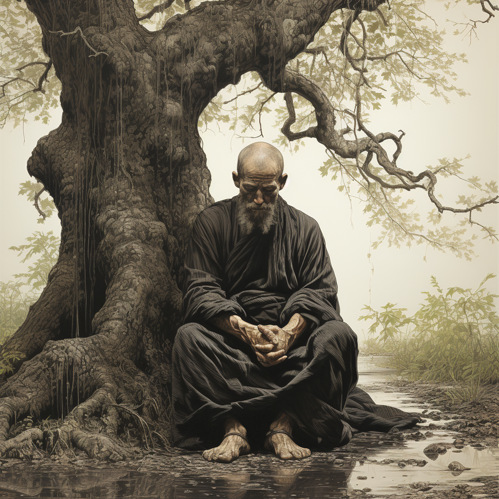 Buddhist monk meditating in rain under tree