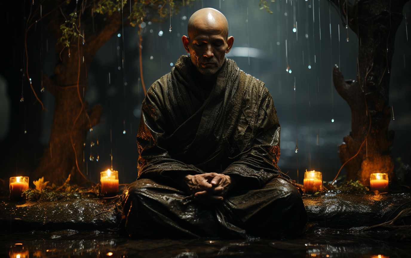 A weeping Buddhist monk under a rain tree