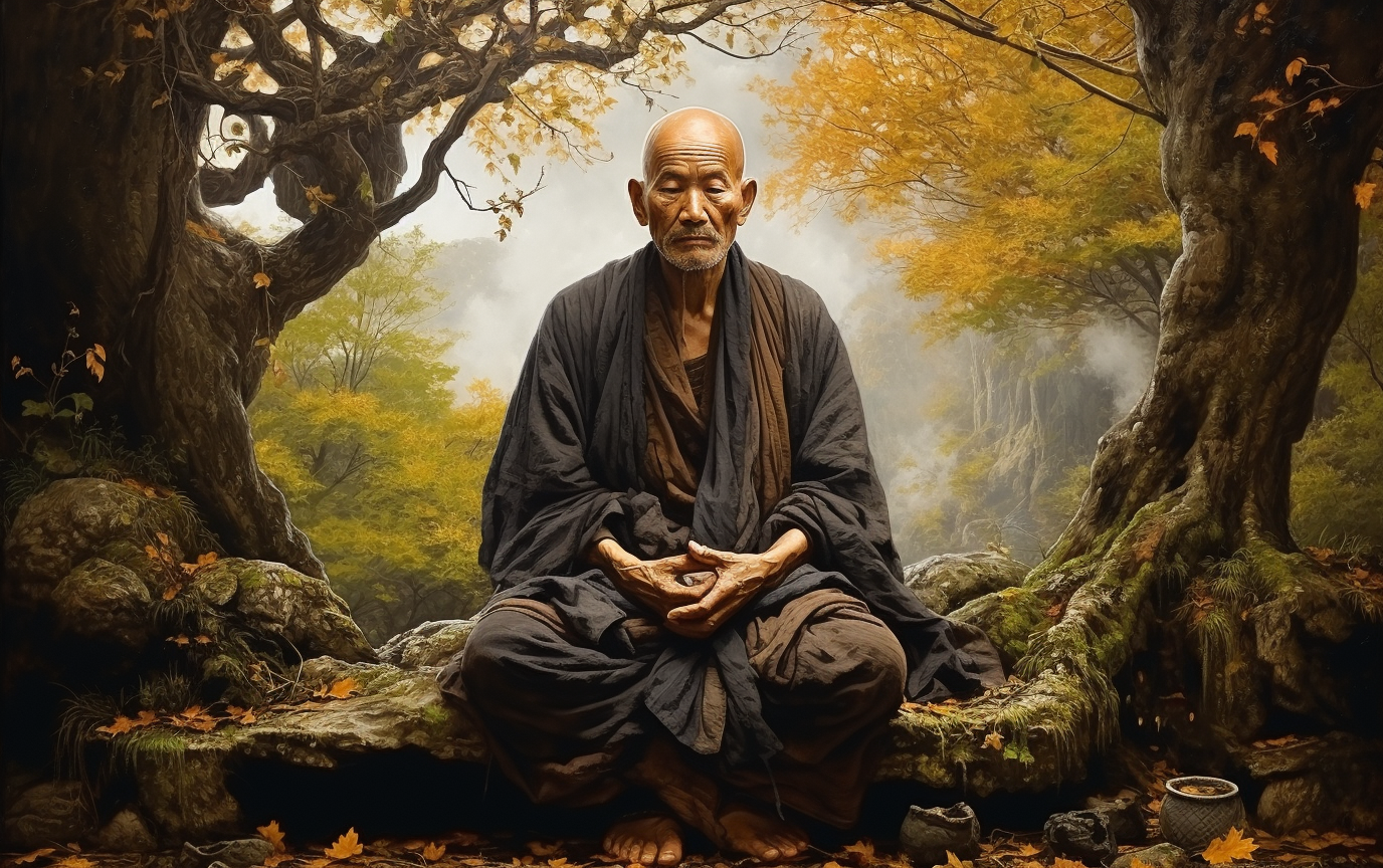 Buddhist monk meditating under tree in rain