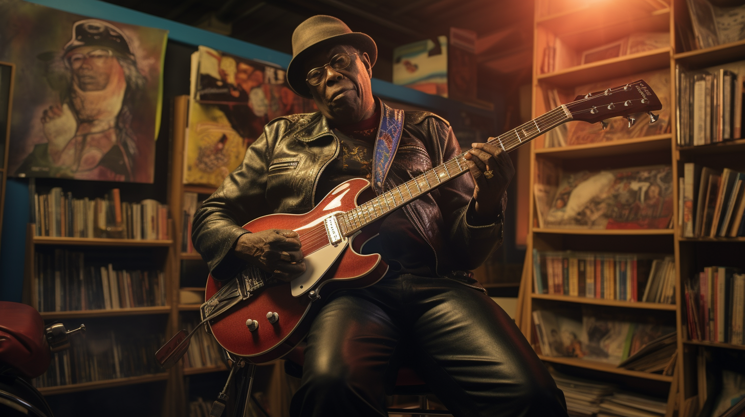 Buddy Guy riding a Harley through the New York Library