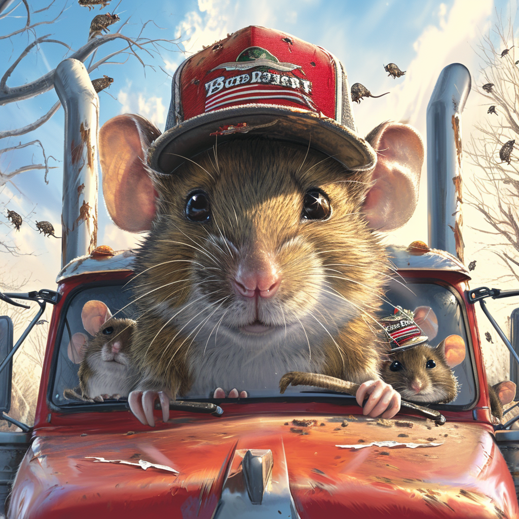 Mouse driving a semi trailer with Budweiser trucker cap