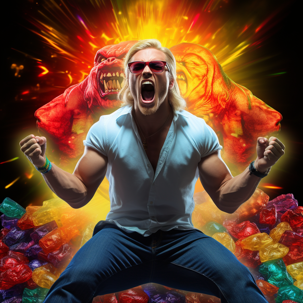 Angry blonde guy yelling at gummy bears