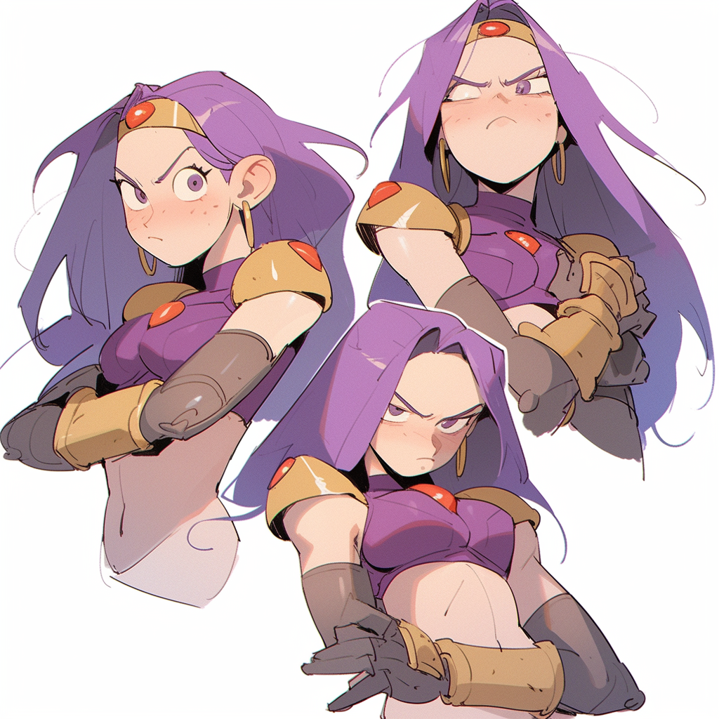 Serious buff knight girl with purple long hair