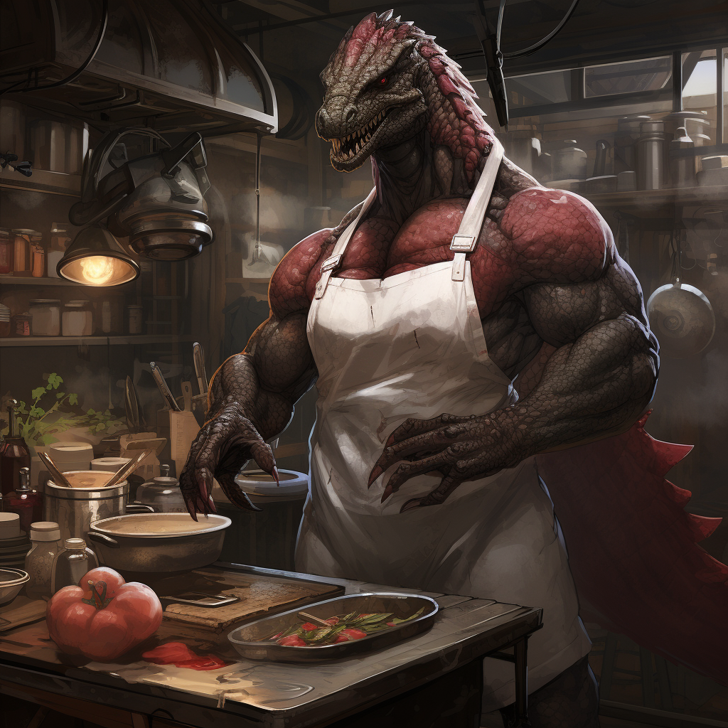 Robotic dinosaur cooking in apron