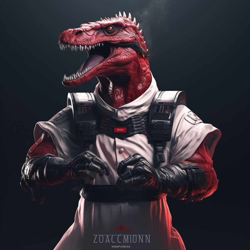 Strong dinosaur wearing apron in Toonami style