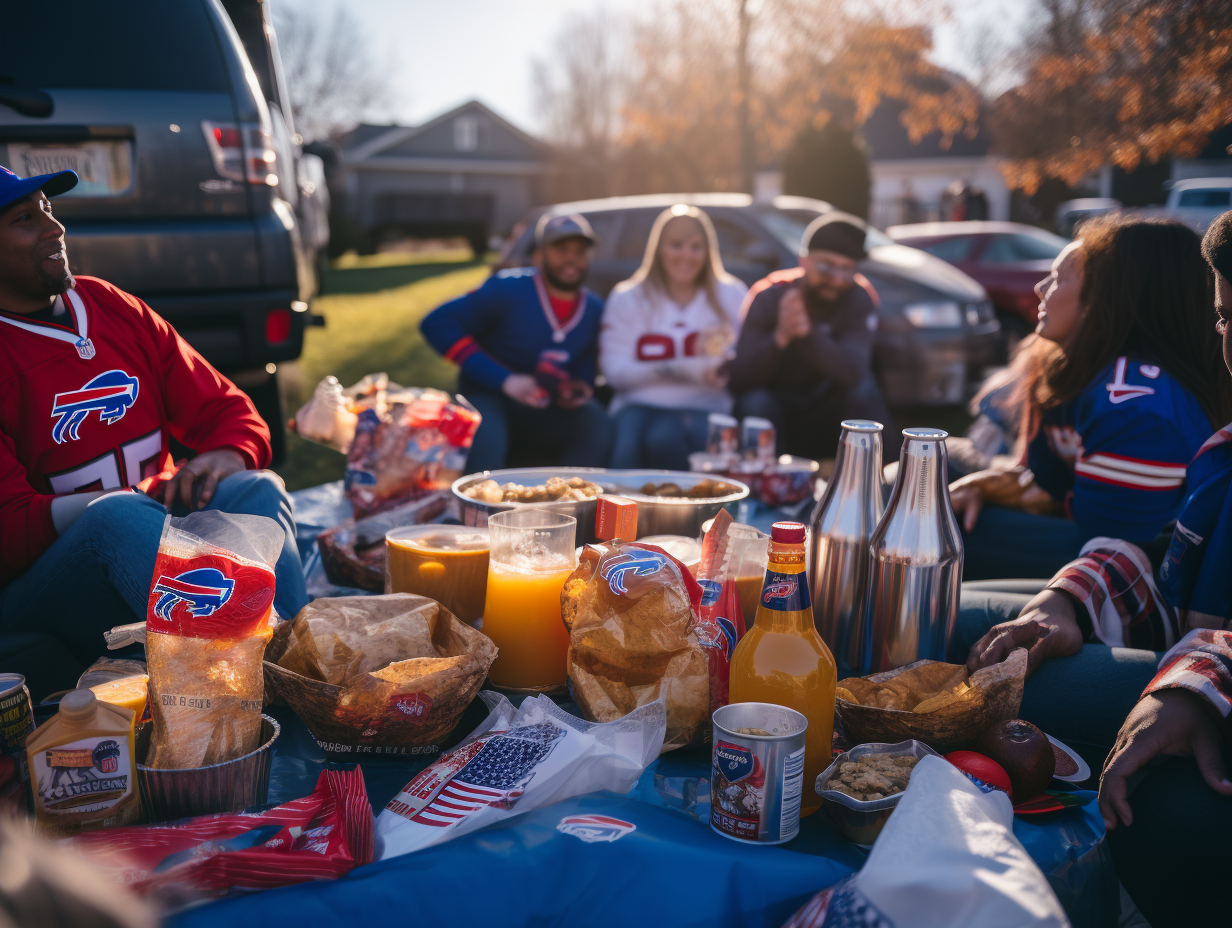 Friends enjoying Buffalo Bills tailgate party