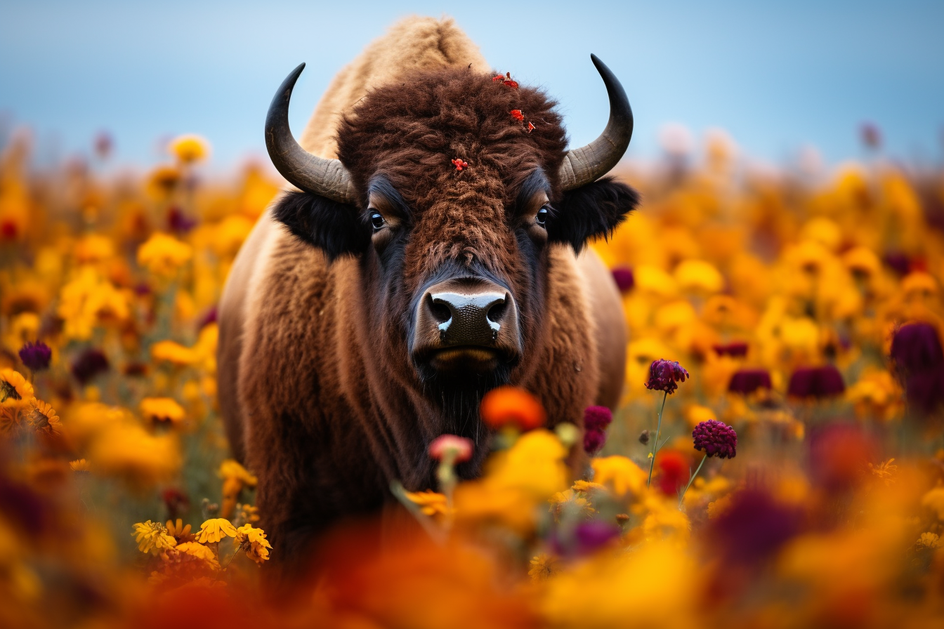 Buffalo Surrounded by Colorful Flowers