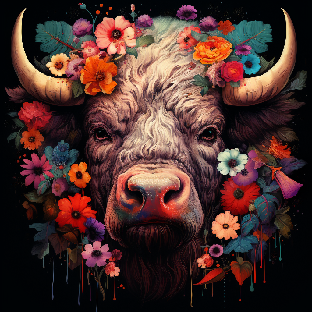 Buffalo surrounded by colorful flowers