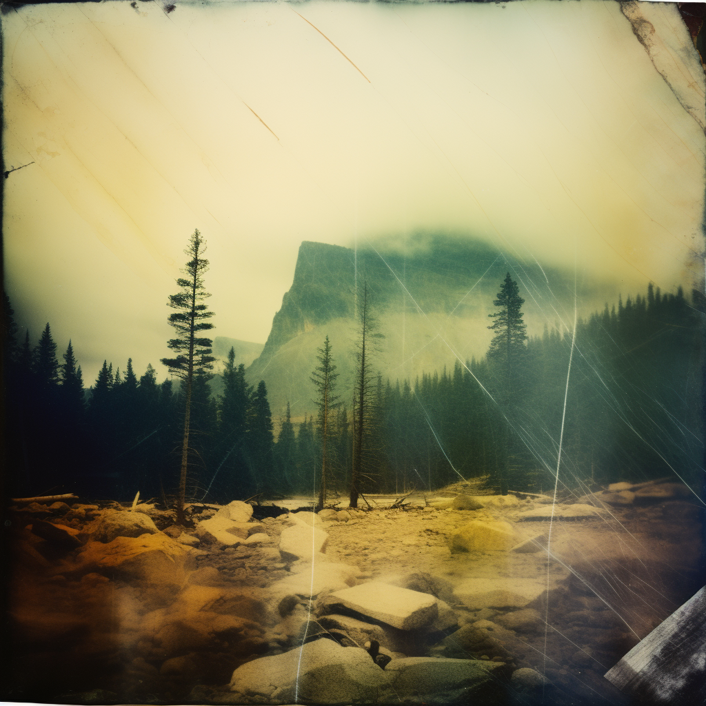 Rustic double exposure image of buffalo in mountains