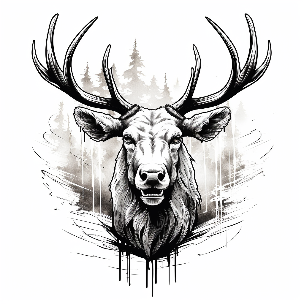 Black and white line art of a bugling elk