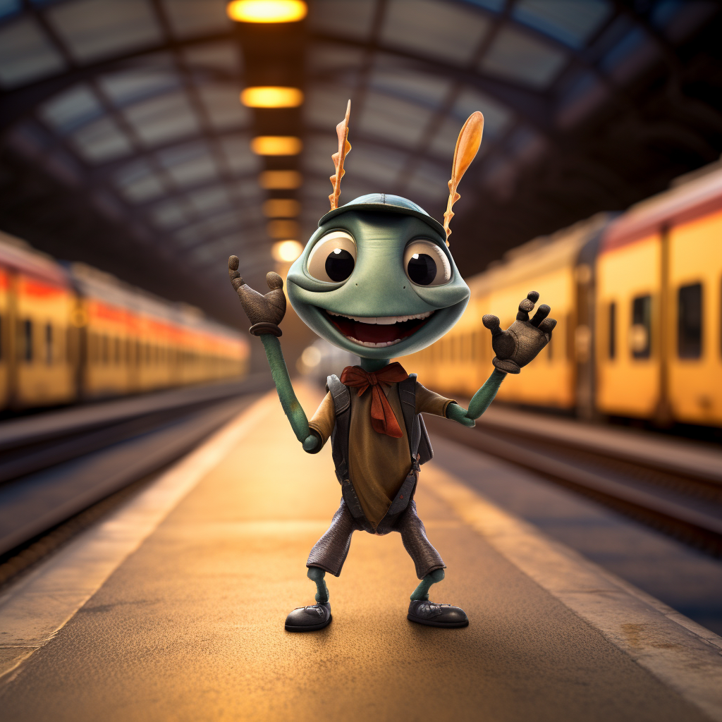 Sad Ant Waving Goodbye at Train Station