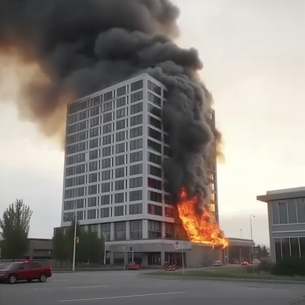 burning building in city at night