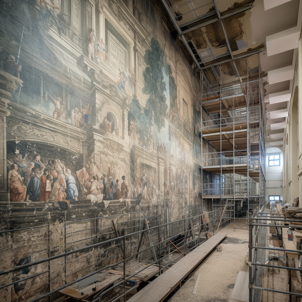 Panoramic view of building restoration project