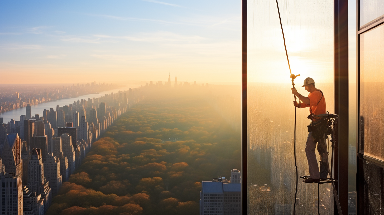 Window cleaner using squeegee on high-rise building