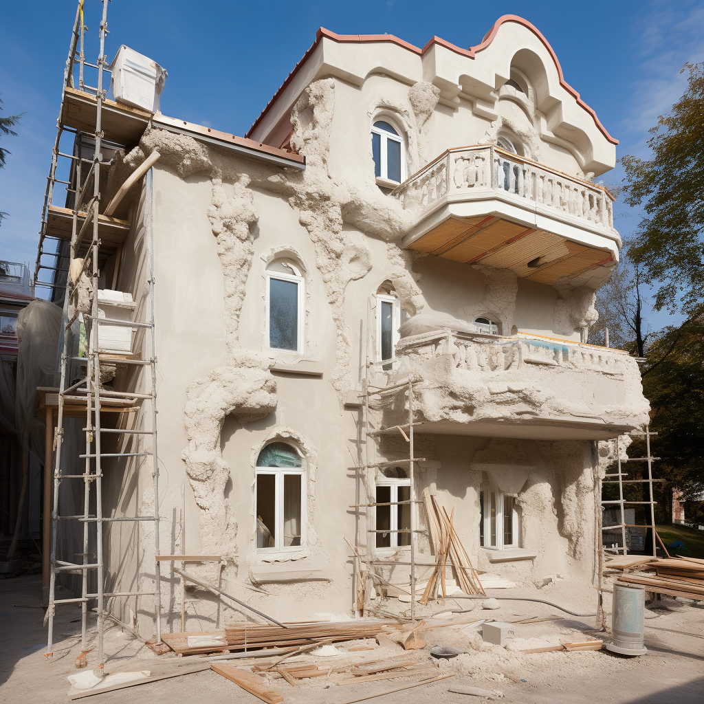 Reconstructed building with synthetic stucco