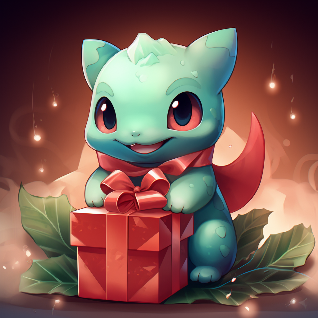 Bulbasaur Pokemon under Christmas tree holding a present