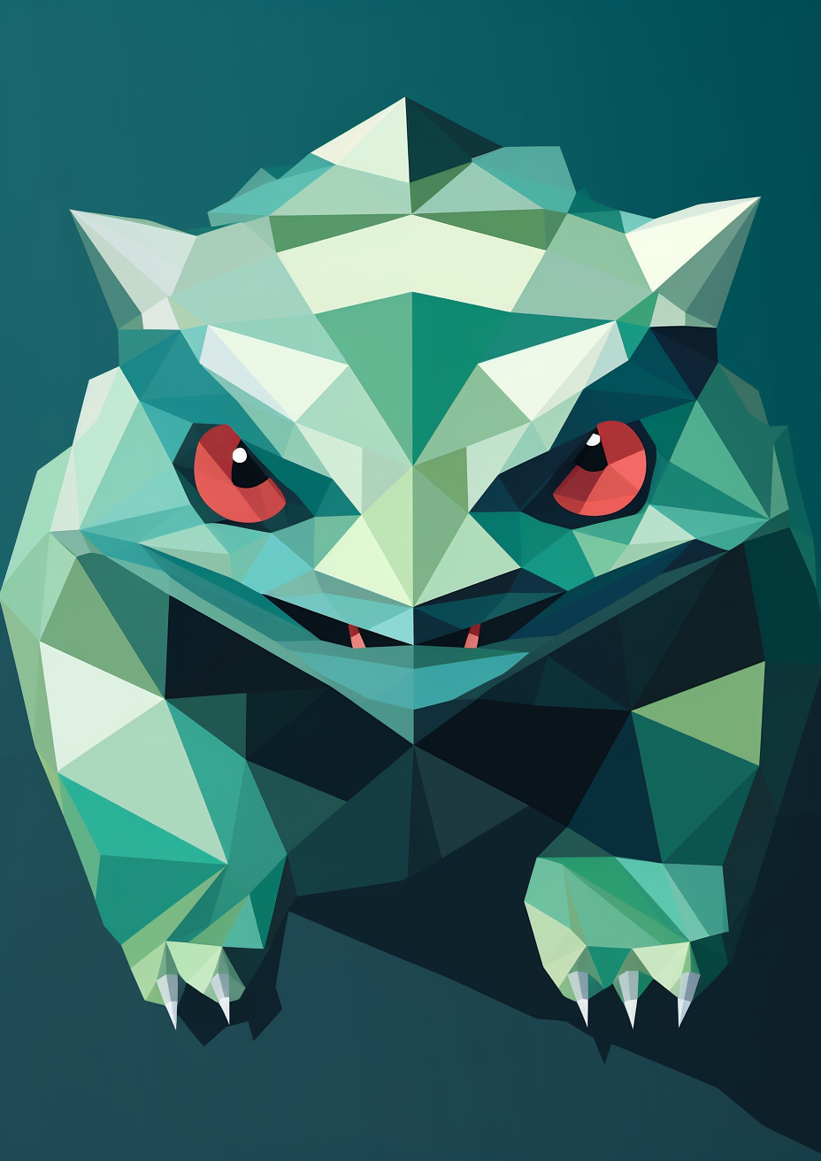 Minimalist Bulbasaur artwork in psychotic cubism style