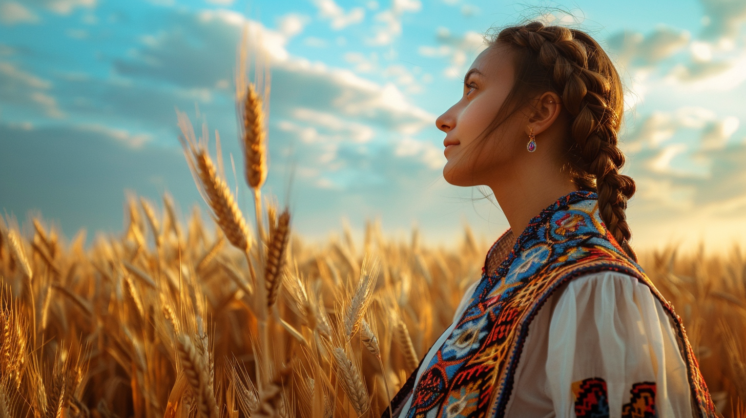 Bulgarian Woman Traditional Dress Wheat Fields